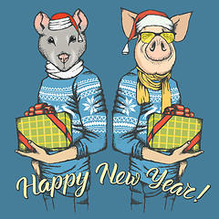 Image showing Illustration of Pig and Rat on New Year