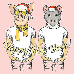 Image showing Illustration of Pig and Rat on New Year