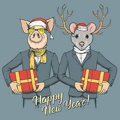 Image showing Illustration of Pig and Rat on New Year