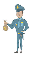 Image showing Young hispanic policeman holding a money bag.