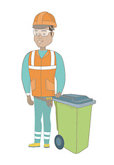 Image showing Young hispanic builder pushing recycle bin