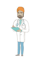 Image showing Indian doctor holding clipboard with documents.