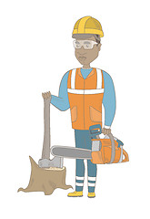 Image showing Young african-american lumberjack with chainsaw.