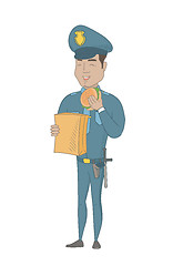 Image showing Young hispanic police officer eating hamburger.