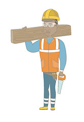 Image showing African carpenter holding saw and wooden board.