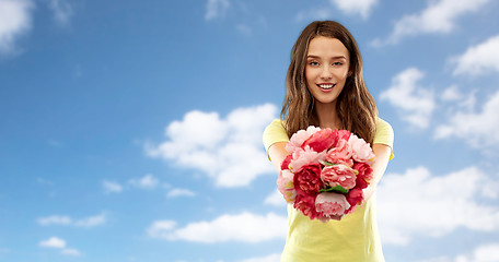 Image showing young woman or teenage girl with flower bouquet