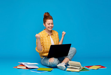 Image showing happy student girl with laptop celebrating success