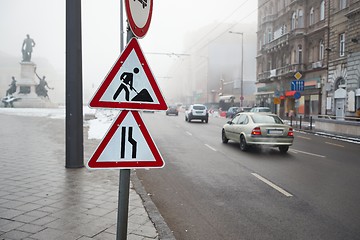 Image showing Foggy city street with cars