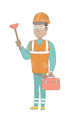 Image showing Hispanic plumber holding plunger and tool box.