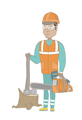 Image showing Young hispanic lumberjack with chainsaw.