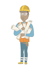 Image showing Young african engineer holding twisted blueprints.