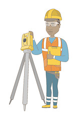 Image showing African surveyor builder working with theodolite.