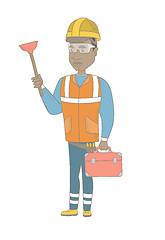 Image showing African plumber holding plunger and tool box.