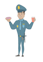 Image showing Policeman eating doughnut and drinking coffee.