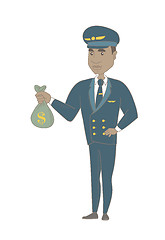 Image showing Young african-american pilot holding a money bag.