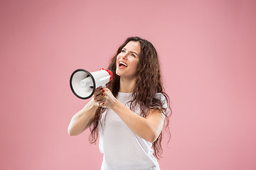 Image showing Woman making announcement with megaphone