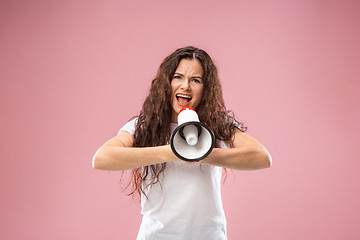 Image showing Woman making announcement with megaphone