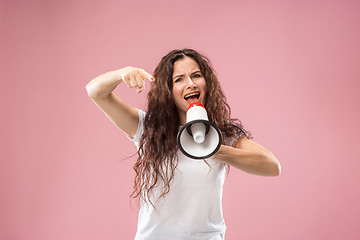 Image showing Woman making announcement with megaphone