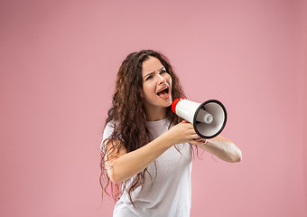 Image showing Woman making announcement with megaphone