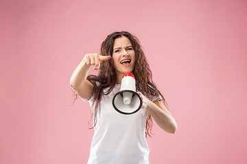 Image showing Woman making announcement with megaphone