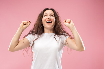 Image showing Winning success woman happy ecstatic celebrating being a winner. Dynamic energetic image of female model