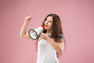 Image showing Woman making announcement with megaphone