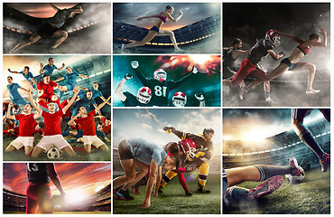 Image showing Multi sports collage about basketball, American football players and fit running woman
