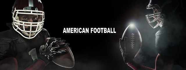 Image showing Sport concept. American football sportsman player on black background with copy space. Sport concept.