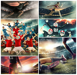 Image showing Multi sports collage about basketball, American football players and fit running woman