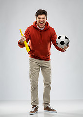 Image showing man or football fan with soccer ball and vuvuzela