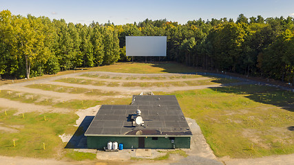 Image showing Old Abandoned Drive In Aerial Perspective Movie Screen Snack Bar