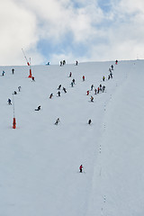 Image showing Skiing slopes with skiers