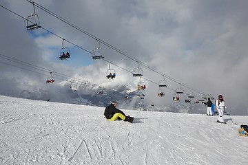 Image showing Skiing slopes, with many people