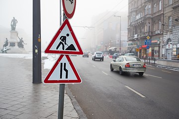 Image showing Foggy city street with cars