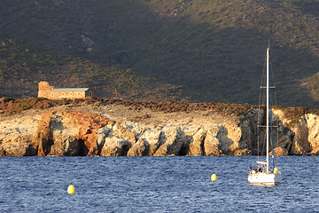 Image showing sailing yacht at anchor evening Corsica