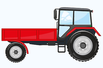 Image showing Red tractor on wheel with basket frontal