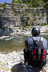 Image showing kayak paddlers practising river rescues