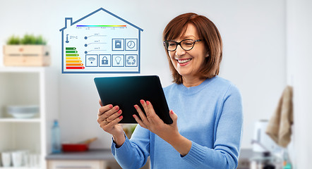 Image showing senior woman with tablet pc using smart home app