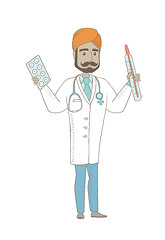 Image showing Otolaryngologist holding thermometer and pills.