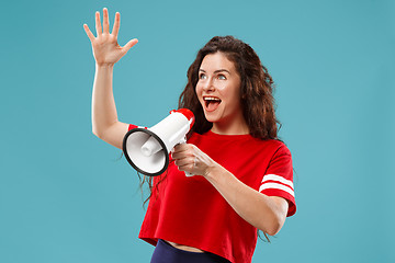 Image showing Woman making announcement with megaphone