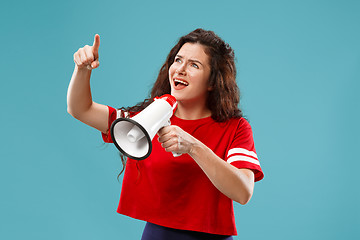 Image showing Woman making announcement with megaphone