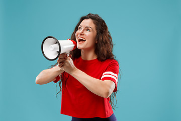 Image showing Woman making announcement with megaphone