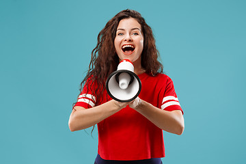 Image showing Woman making announcement with megaphone