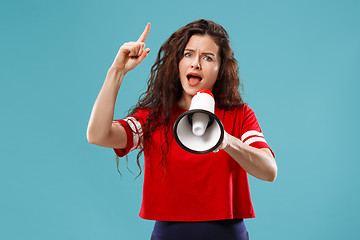 Image showing Woman making announcement with megaphone