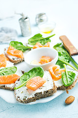 Image showing bread with cheese and salmon