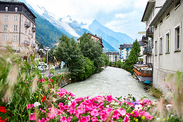 Image showing Arve river, buildings of Chamonix and Mont Blanc Massif