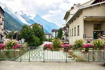 Image showing Arve river, buildings of Chamonix and Mont Blanc Massif