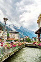 Image showing Arve river, buildings of Chamonix and Mont Blanc Massif