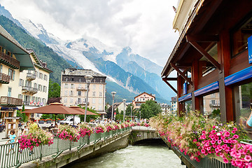 Image showing Arve river, buildings of Chamonix and Mont Blanc Massif