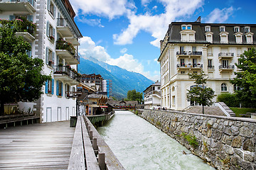 Image showing Arve river, buildings of Chamonix and Mont Blanc Massif